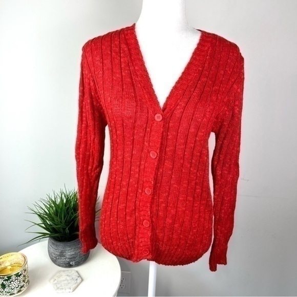 Rafferty cardigan sweater womens size medium linen blend red button down - Picture 2 of 9